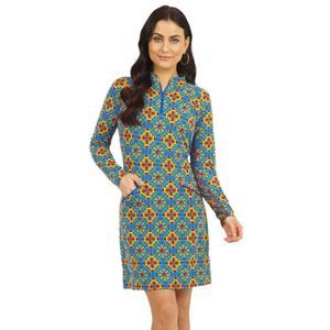 IBKUL Scarlet Mock Neck Long Sleeve Dress S M L XL Blue Multi Golf UPF 50